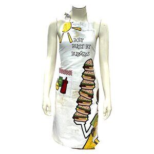 CCC Body Built By Burgers Novelty White Cotton Apron Graphic Hamburger Chef Desi